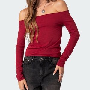 EDIKTED Off Shoulder Burgundy Red Long Sleeve Top